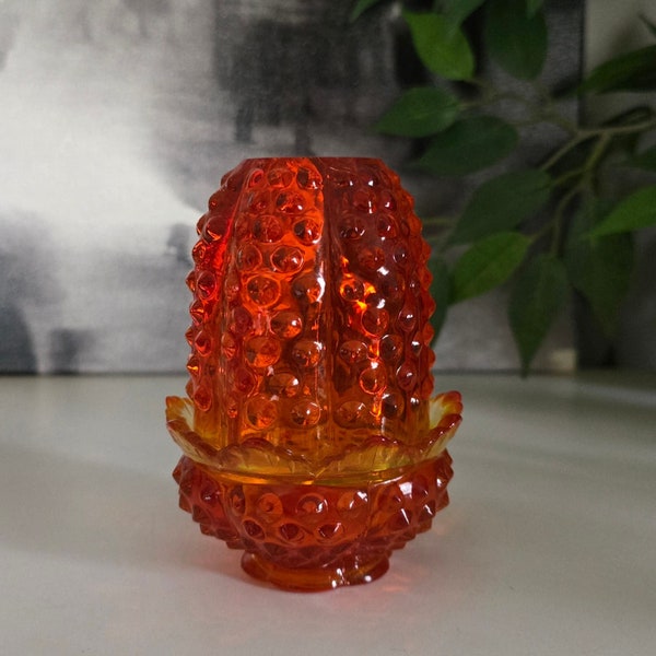 Vintage Fenton Hobnail Fairy Lamp | Amberina-glas | 2-delig sprookjeslampje | Kandelaar | Oranje, rood, geel | Persimmon | MCM | GLOEIT