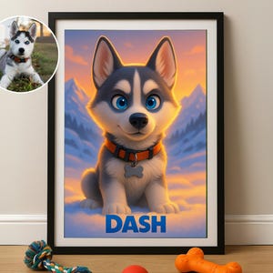 Custom pet portrait framed wall art personalized dog or cat cartoon print unique gift for pet lovers sentimental home decor pet artwork