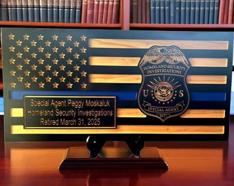 Commemorative Custom Wood Police Flag, Engraved Badge Sign, 23 x 11 Inches