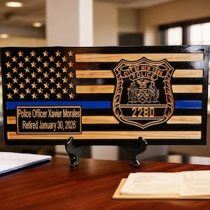 Custom Engraved Badge Wall Hanging | Handmade Wooden Police Memorial Retirement Patriotic Decor Tribute Sign