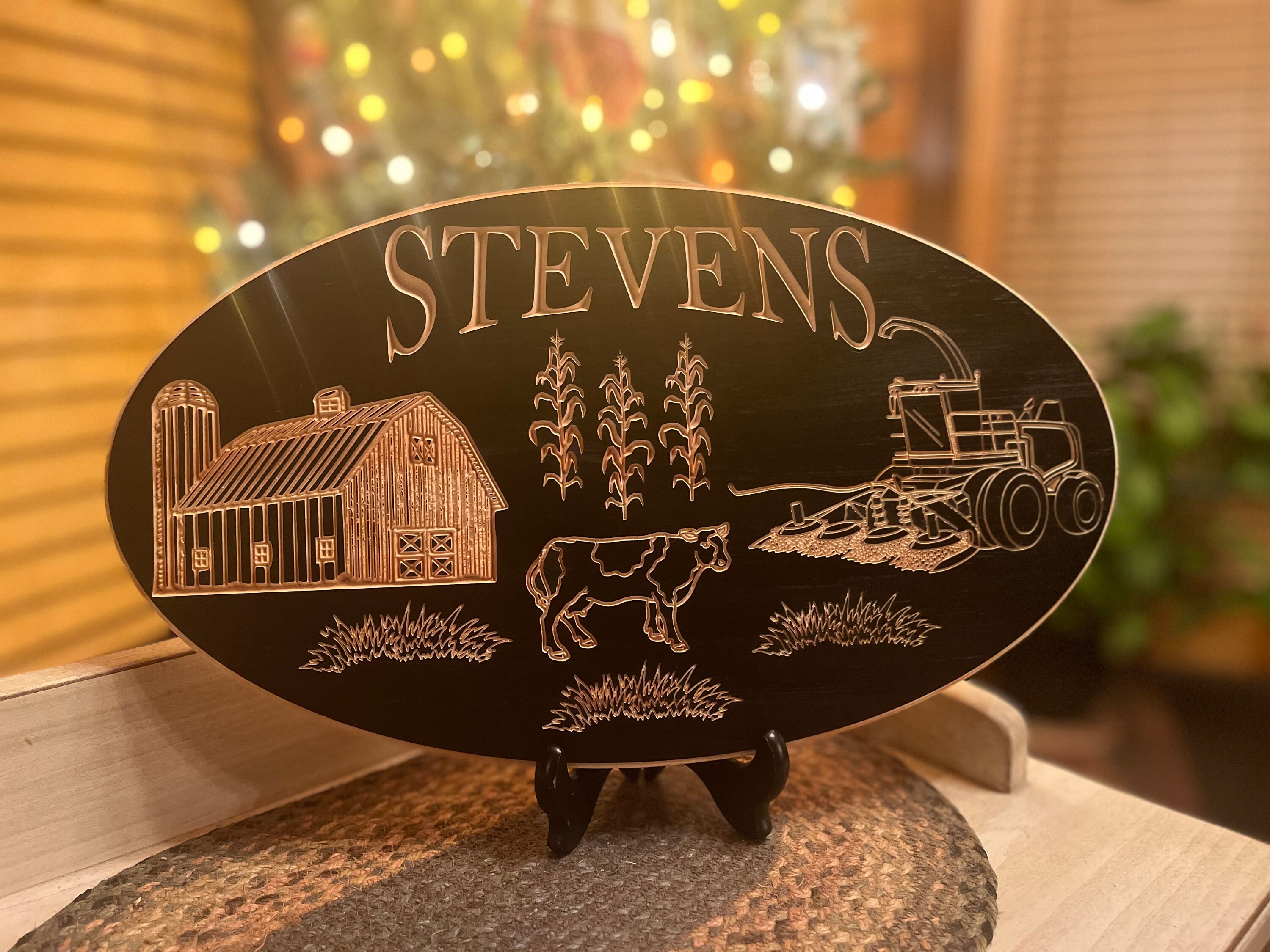 Personalized Wood Carved Farm Scene Barn Sign with Family Name and Harvester - Rustic Outdoor Decor