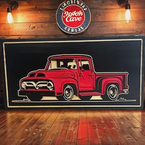 Garage Art, Handcrafted Pine Wood Man Cave Decor Vintage 1955 Ford Truck