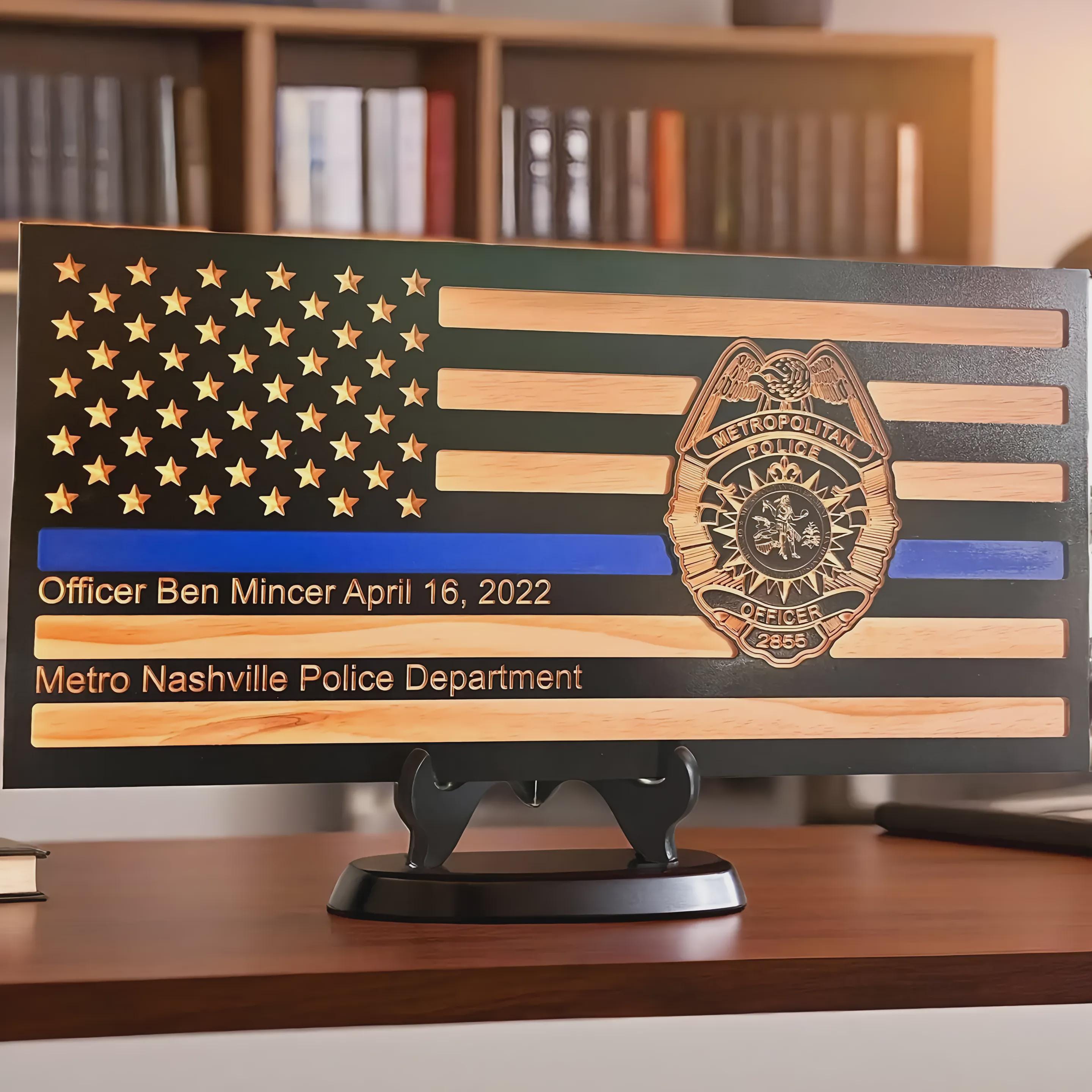 Personalized Thin Blue Line Police Flag with Badge: Handcrafted Wood Memorial & Recognition Gift