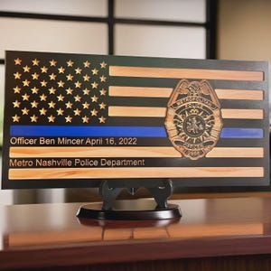 Thin Blue Line Wood American Flag, 23 x 11 Inch CNC Engraved Police Badge