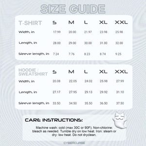 May include: Size guide for t-shirts and hoodies/sweatshirts. The chart shows measurements in inches for width, length, and sleeve length for sizes S, M, L, XL, and XXL. Care instructions include machine wash cold, tumble dry low, and iron on low heat.