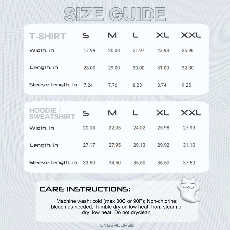 May include: Size guide for t-shirts and hoodies/sweatshirts. The chart shows measurements in inches for width, length, and sleeve length for sizes S, M, L, XL, and XXL. Care instructions include machine wash cold, tumble dry low, and iron on low heat.