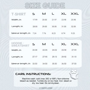 May include: Size guide chart for t-shirts and hoodies/sweatshirts. The chart shows measurements in inches for width, length, and sleeve length for sizes S, M, L, XL, and XXL.