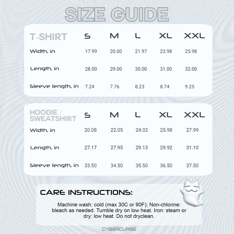 May include: Size guide chart for t-shirts and hoodies/sweatshirts. The chart shows measurements in inches for width, length, and sleeve length for sizes S, M, L, XL, and XXL.