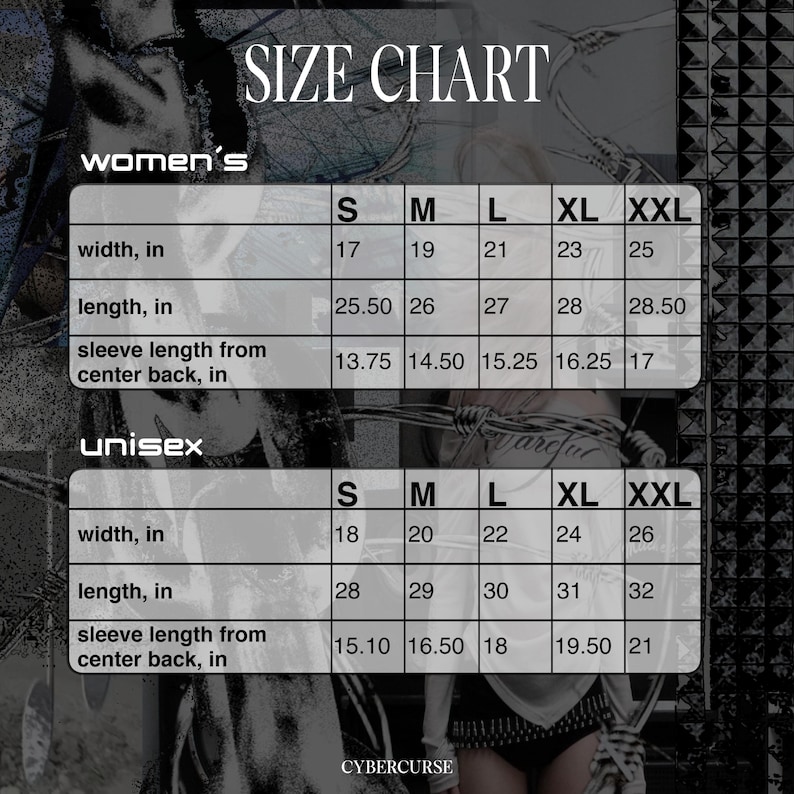 May include: A size chart for women's and unisex apparel. The chart includes measurements for width, length, and sleeve length in inches for sizes S, M, L, XL, and XXL. The text "SIZE CHART" is at the top.