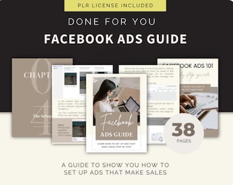 Könnte beinhalten: Ein Leitfaden mit dem Titel "Facebook Ads Guide" mit dem Text "Lernen Sie, wie Sie Anzeigen einrichten, die Verkäufe generieren, Schritt für Schritt" und "38 Seiten". Der Leitfaden ist eine Sammlung von Seiten mit Informationen über Facebook-Anzeigen. Die Titelseite zeigt eine Frau, die an einem Laptop arbeitet.