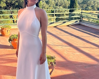 Minimalist Halter Neck Wedding Dress | Customisable Open Back Bridal Gown | Sustainable Backless Wedding Dress | Bridal Wear