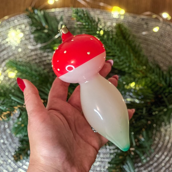 Mushroom Glass Vintage Christmas Ornament, Holiday Decor, Glass Tree Decorations, Soviet Christmas Tree Ornament