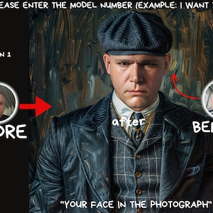 Może przedstawiać: Usługa cyfrowych portretów, która pozwala umieścić Twoją twarz na obrazie postaci z serialu Peaky Blinders. Obraz pokazuje przykład przed i po skorzystaniu z usługi. W obrazie widoczny jest tekst "Peaky Blinders Man 1".