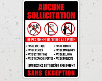 Aucune Sollicitation STICKER, Pas de Colporteur, No Peddlers, No Soliciting, Pas de Ventes Adhesivo para puerta de entrada • Adhesivo de vinilo de 5" x 7"