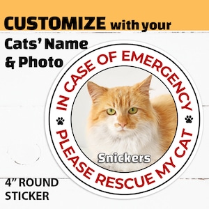 Sticker chat personnalisé avec nom et photo du chat, urgence chat d'intérieur, en cas d'urgence, veuillez secourir mon chat, sticker alerte animal pour enseigne chat
