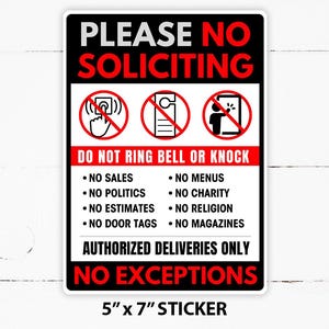 ETIQUETA PEGATINA DE NO SOLICITAR, No solicitar, No se permiten etiquetas en la puerta, No solicitar, No tocar ni tocar el timbre, Puerta de entrada grande • Etiqueta adhesiva de 5" x 7"