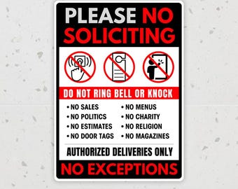 ETIQUETA DE NO SOLICITAR, No solicitar, No tocar ni tocar el timbre, No se permiten etiquetas en la puerta, No se venden, Letrero grande para puerta de entrada • Etiqueta de 5" x 7"