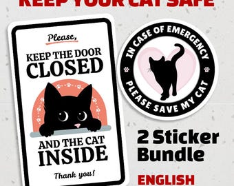 Paquete de pegatinas para gateras, Mantén la puerta cerrada y al gato dentro, Pegatinas de seguridad para mascotas, Juego de pegatinas de concienciación sobre gatos, Calcomanías recordatorias para puertas - Inglés