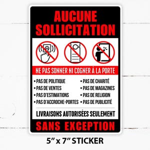ADESIVO de solicitação Aucune, Pas de Colporteur, Sem vendedores ambulantes, Sem solicitação, Adesivo Pas de Ventes para porta da frente • Adesivo de 5" x 7"