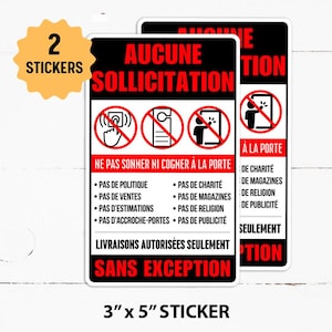 ADESIVOS de solicitação Aucune, Pas de Colporteur, No Peddlers, No Soliciting, Adesivo Pas de Ventes para porta da frente, adesivos de 2-3x5" incluídos