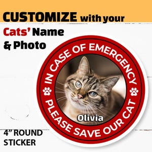 Sticker chat personnalisé avec nom et photo du chat, sauvez mon animal de compagnie, en cas d'urgence, sauvez mon chat, sticker rouge alerte animal de compagnie pour plaque de chat personnalisée