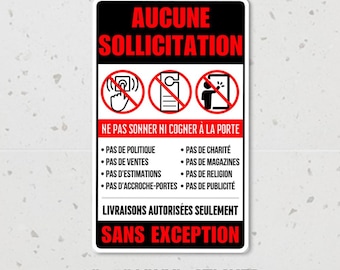 Aucune Sollicitation STICKERS, Pas de Colporteur, No Peddlers, No Soliciting, Pas de Ventes pegatina para puerta principal, pegatina de vinilo 3x5