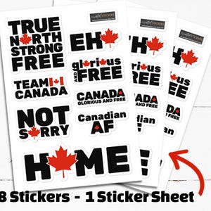 カナダ ステッカー シート、True North Strong and Free、Not Sorry、Glorious and Free、Team Canada、Canadian AF、Canadian ステッカー シート、Oh Canada