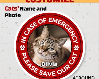 Pegatina personalizada para gatos con nombre y foto del gato, Salva a mi mascota, En caso de emergencia, por favor salva a mi gato, Pegatina roja de alerta para mascotas para letrero personalizado de gato