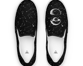 MONK Black And White Womens slip-on Canvas Shoes / Street Wear Painted Shoes / Birthday Gift For Her / Barefoot Shoes / Constellation Design