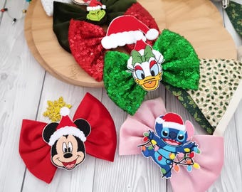Disney Character Hair Accessories: Christmas  Mickey, Minnie, Donald Daisy Stitch Santa Hat Grinch Holiday Hair Bow Clip & Slide