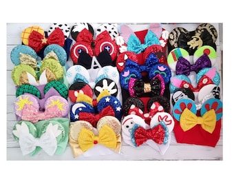 Disney Baby character mouse ears: Toy Story, Princess, Lion King, Tinkerbell, Mermaid, Stitch. Oversized bow headband wraps—holiday fun!