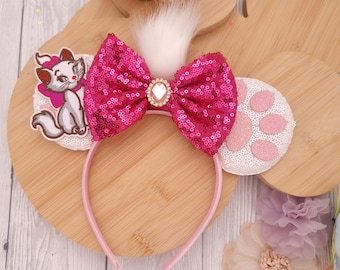 Marie Kitten Disney character mouse ears: Classic Disney Aristocats pink Fluffy character  bow headband —holiday fun