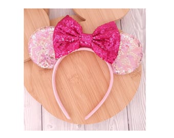 Princess Minnie Mickey Ears Headband –  Disneyland holiday magical Disney trip princess-inspired ears Pink gold shimmer ears hot pink bow