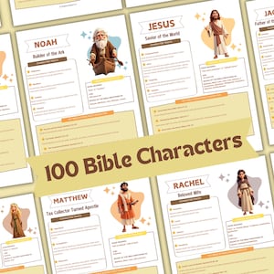 Op de afbeelding: Een verzameling van 100 Bijbelkaartjes met kleurrijke illustraties van elk personage. Elke kaart bevat de naam van het personage, een korte beschrijving en karaktereigenschappen.