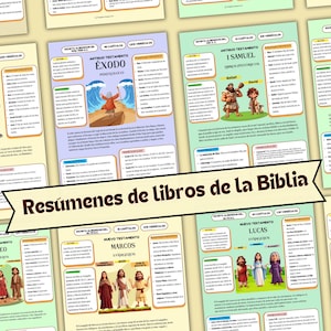 Peut inclure: Plusieurs guides d'étude biblique colorés. Chaque guide présente du texte et des illustrations résumant des livres de la Bible, dont la Genèse, l'Exode, I Samuel et les Psaumes. Les guides sont disposés sur un fond jaune clair.