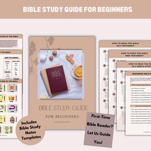 Peut inclure: Un guide d'étude biblique pour débutants avec un schéma de couleurs brun et blanc. Le guide comprend un plan de lecture, des conseils sur la façon de lire l'Ancien et le Nouveau Testament, et une section sur les Évangiles. Le texte comprend la phrase "Premier lecteur de la Bible ? Laissez-nous vous guider !"