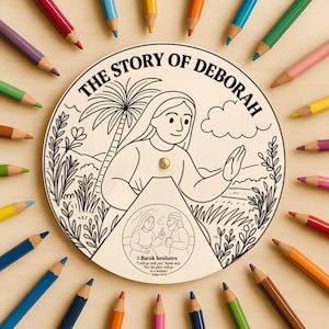 May include: A circular wooden toy with the text "THE STORY OF DEBORAH" and a black and white illustration of a woman. The toy has a rotating section with a scene and text. Colored pencils in various colors surround the toy on a light wood surface.