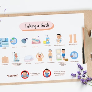 Puede incluir: Gu&iacute;a ilustrada para tomar un ba&ntilde;o con pasos como abrir el agua, usar jab&oacute;n, lavarse la espalda, secarse el pelo y vestirse. La gu&iacute;a incluye advertencias para no beber el agua del ba&ntilde;o y para no salir del ba&ntilde;o sin secarse.