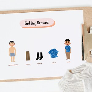 Puede incluir: Un gr&aacute;fico imprimible con ilustraciones de una persona que se viste. El gr&aacute;fico muestra a una persona en ropa interior, luego poni&eacute;ndose pantalones, calcetines, una camisa y finalmente zapatos. El texto en el gr&aacute;fico dice "Getting Dressed".