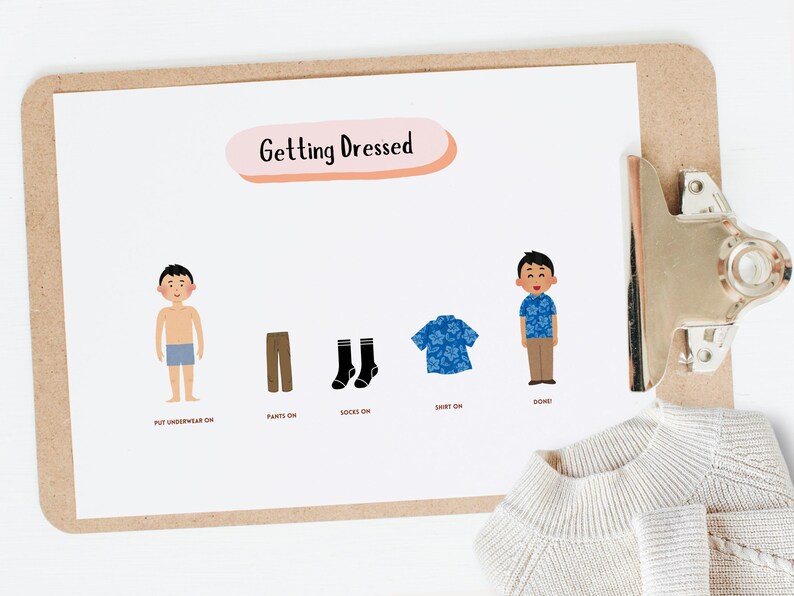 Puede incluir: Un gr&aacute;fico imprimible con ilustraciones de una persona que se viste. El gr&aacute;fico muestra a una persona en ropa interior, luego poni&eacute;ndose pantalones, calcetines, una camisa y finalmente zapatos. El texto en el gr&aacute;fico dice "Getting Dressed".