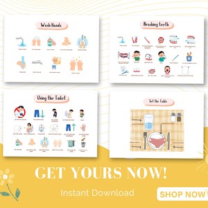 Puede incluir: Cuatro carteles imprimibles con ilustraciones e instrucciones para ni&ntilde;os sobre c&oacute;mo lavarse las manos, cepillarse los dientes, usar el inodoro y poner la mesa. Los carteles tienen un fondo blanco con ilustraciones y texto coloridos. El texto en los carteles incluye "Lavarse las manos", "Cepillarse los dientes", "Usar el inodoro" y "Poner la mesa".