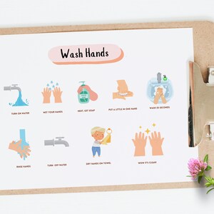 Puede incluir: Un gr&aacute;fico ilustrado colorido con instrucciones sobre c&oacute;mo lavarse las manos. El gr&aacute;fico incluye im&aacute;genes de manos, jab&oacute;n, agua y una toalla. El texto en el gr&aacute;fico dice: "Wash Hands", "Turn on Water", "Wet Your Hands", "Next Get Soap", "Put a Little in One Hand", "Wash 20 Seconds", "Rinse Hands", "Turn Off Water", "Dry Hands on Towel", "Wow It's Clean!"