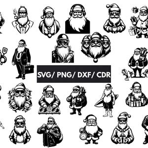 May include: A collection of black and white Santa Claus illustrations in various styles. Santa is depicted with sunglasses, headphones, a chef's hat, and holding gifts, a camera, and a guitar. The image includes the text "SVG / PNG / DXF / CDR".