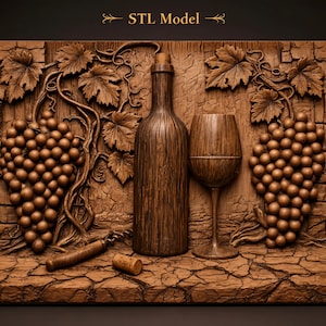 May include: A brown wood-toned relief carving labelled STL Model featuring a wine bottle, a wine glass, a corkscrew, and a cork, all set against a textured brick wall background with detailed grape clusters and vine leaves on both sides.