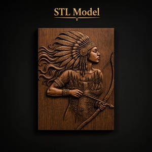 Indianerin mit Federkopfschmuck, Pfeil und Bogen im Kiefernwald – Doppelbelichtung (STL-Datei für CNC-Fräse) | 3D-Relief-Wandkunst aus Holz