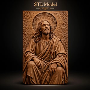 Jesus Christ Seated with Radiant Sunburst Halo Flowing Robes Hands Resting on Knees STL for CNC Router | 3D Relief Wood Panel