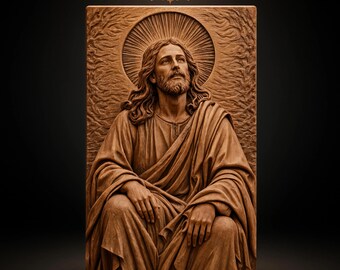 Jesus Christ Seated with Radiant Sunburst Halo Flowing Robes Hands Resting on Knees STL for CNC Router | 3D Relief Wood Panel