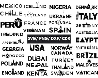 Country Name SVG Bundle | World Map Travel Art, Ukraine, Italy, France, Dubai, USA City Icon Decal, Cricut DXF