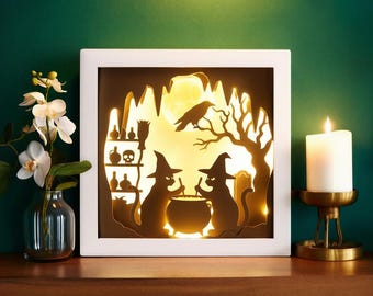 Caja de sombras de gatos brujas de Halloween SVG, plantilla de caja de luz de papel recortada en 3D, archivo de corte Cricut de cuervo caldero, descarga de recorte de papel de noche espeluznante