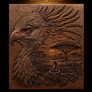 May include: A square wooden relief carving labeled STL Model featuring a detailed profile of an eagle head with feathered crest. The lower portion depicts a savanna landscape at sunset with acacia trees and a cobra snake coiled in the tall grass.